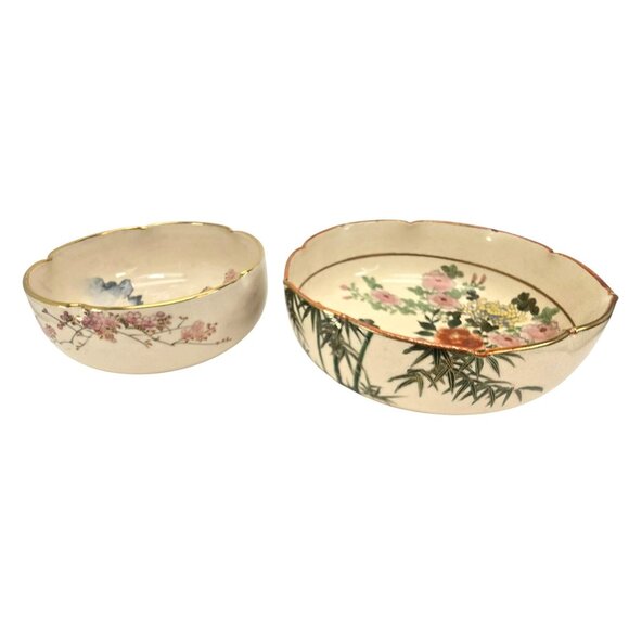 Vintage Japanese Hand-Painted Ceramic Bowls With Floral Landscape Designs je189 - Picture 2 of 16